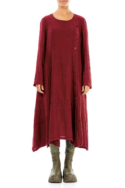 Side Buttons Cherry Red Mélange Linen Dress 1