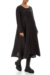 Side Buttons Forest Brown Mélange Linen Dress 3