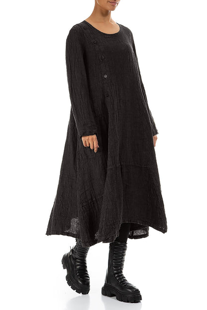 Side Buttons Forest Brown Mélange Linen Dress 3