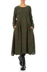 Side Buttons Forest Mist Mélange Linen Dress 4