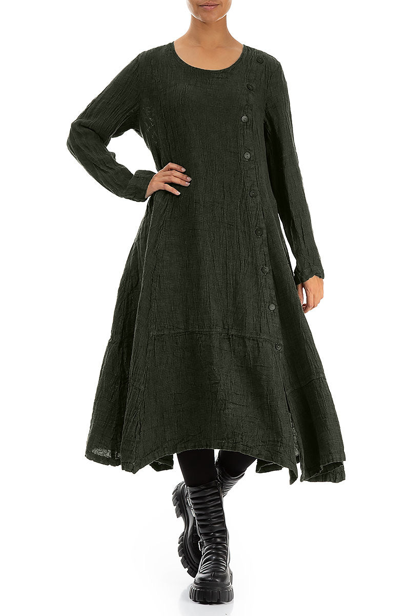 Side Buttons Forest Mist Mélange Linen Dress 4