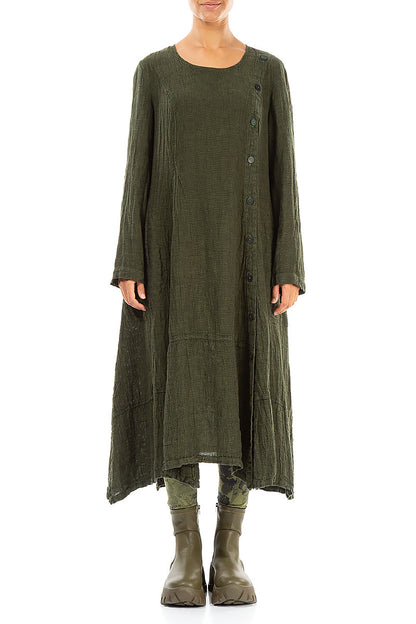 Side Buttons Olive Mélange Linen Dress