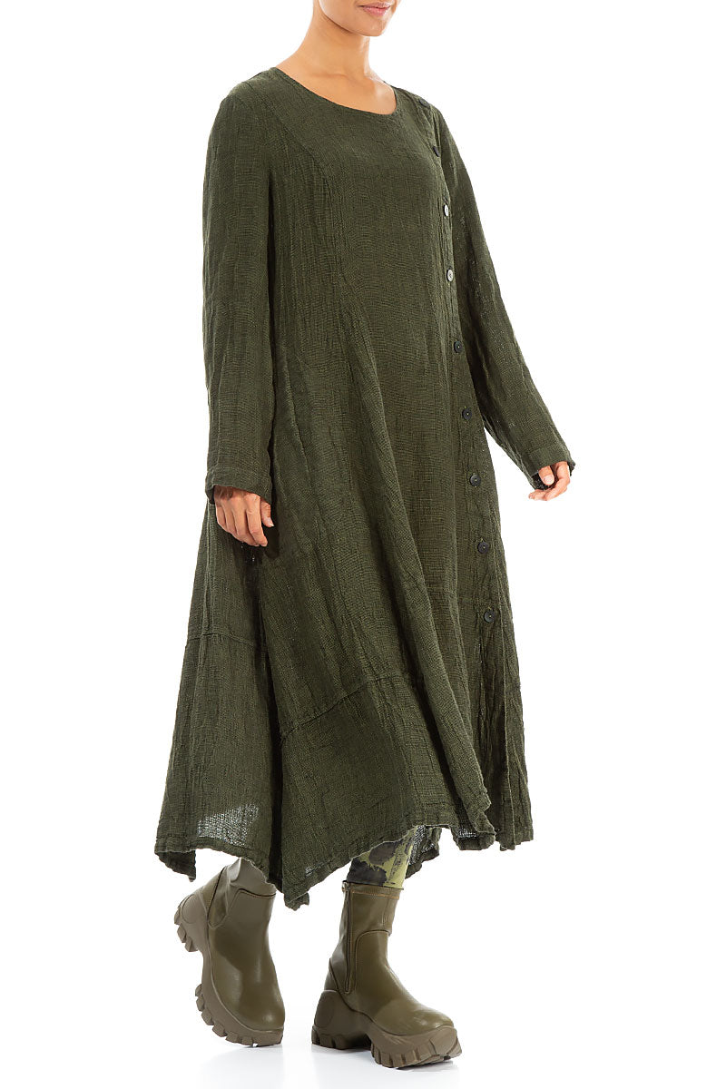 Side Buttons Olive Mélange Linen Dress