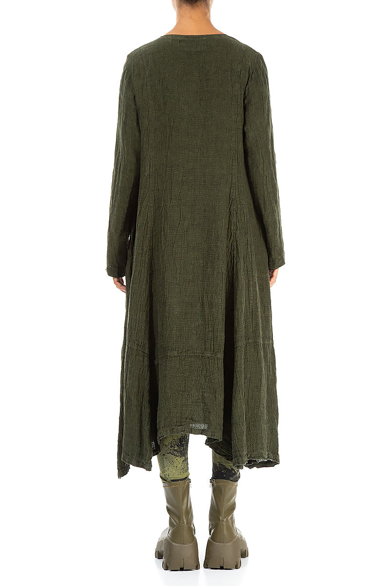 Side Buttons Olive Mélange Linen Dress