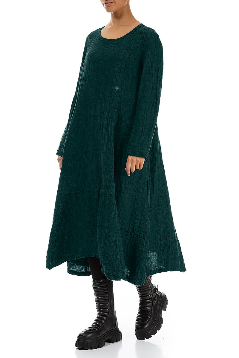 Side Buttons Peacock Mélange Linen Dress 3