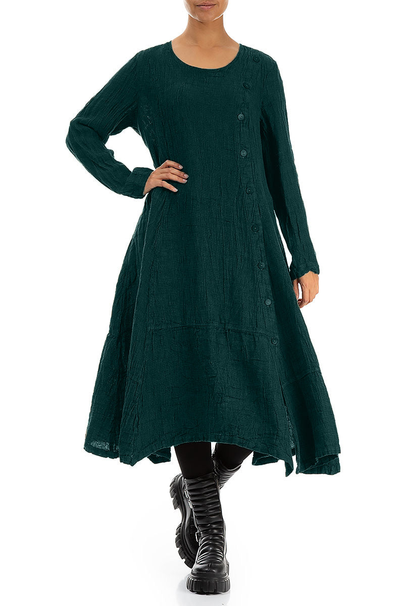 Side Buttons Peacock Mélange Linen Dress 4