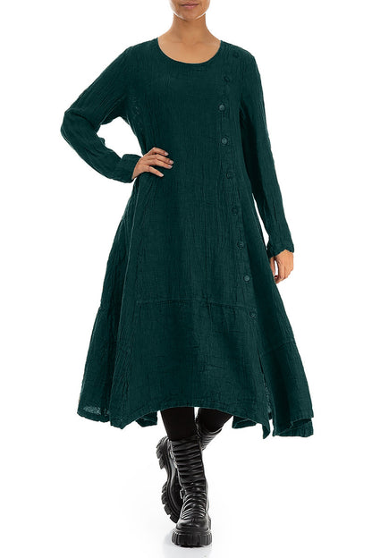 Side Buttons Peacock Mélange Linen Dress 4