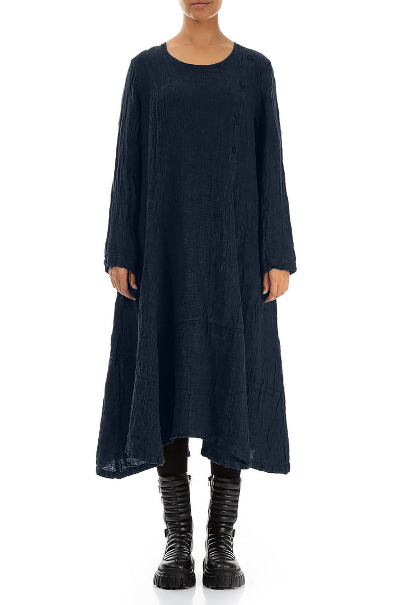 Side Buttons Royal Blue Mélange Linen Dress