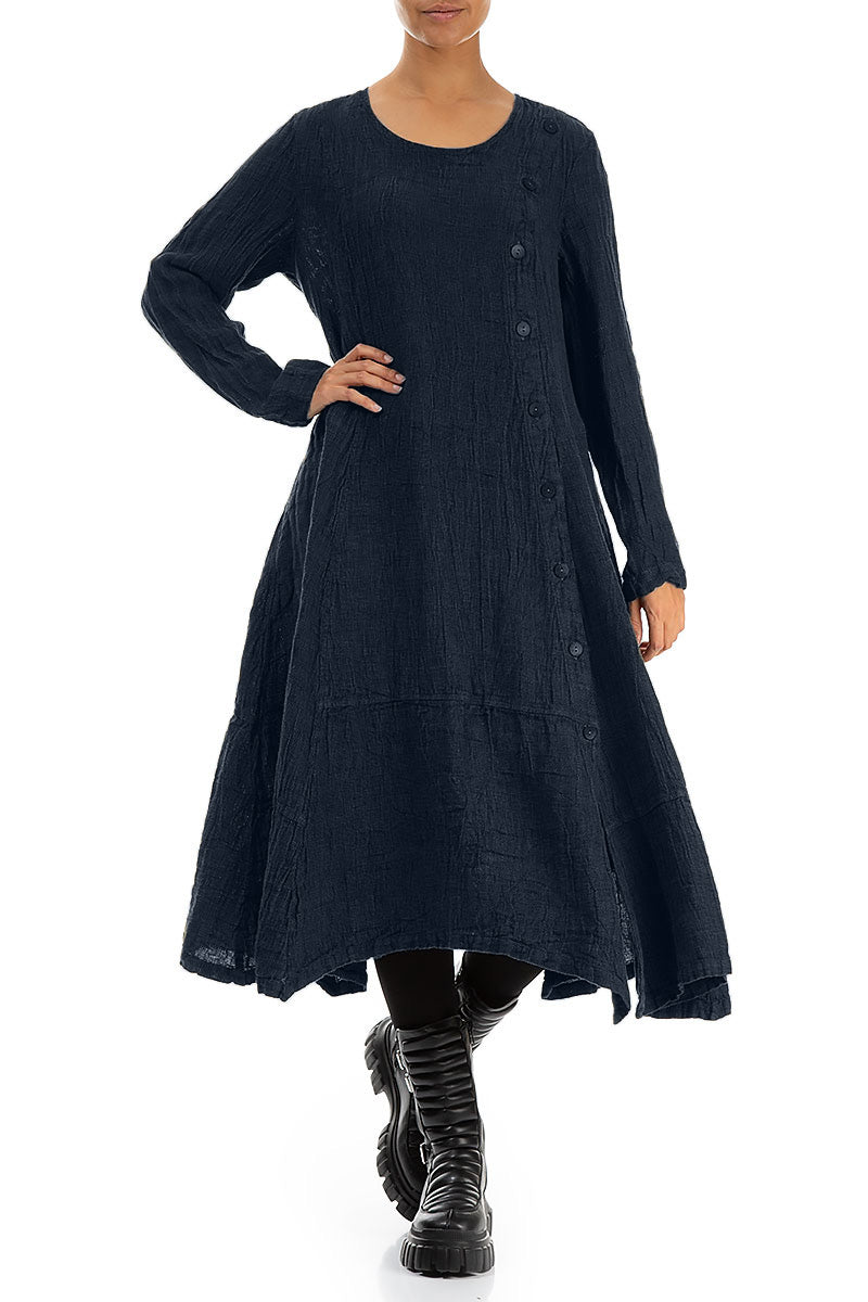 Side Buttons Royal Blue Mélange Linen Dress 4