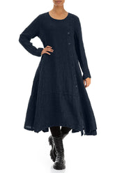 Side Buttons Royal Blue Mélange Linen Dress 4