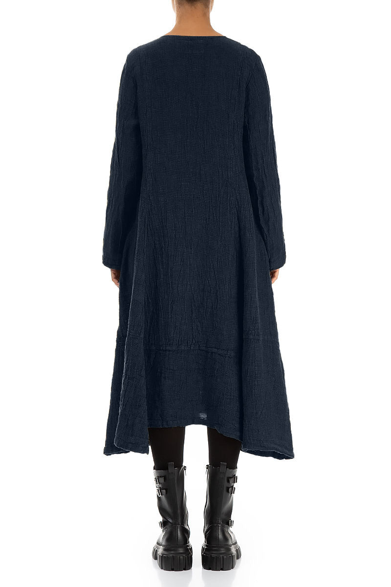 Side Buttons Royal Blue Mélange Linen Dress 2