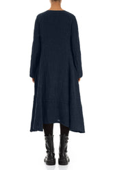 Side Buttons Royal Blue Mélange Linen Dress 2