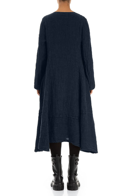 Side Buttons Royal Blue Mélange Linen Dress 2