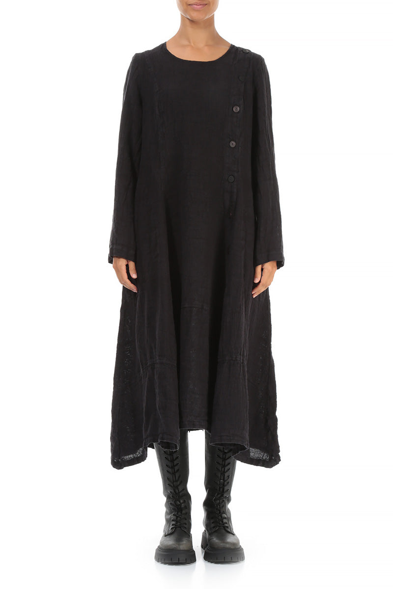 Side Buttons Slate Blue Mélange Linen Dress 1