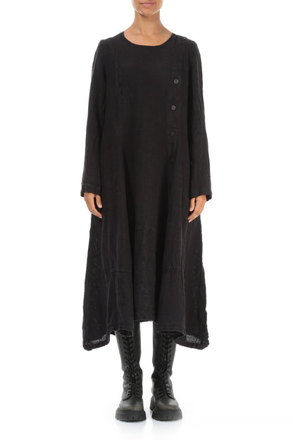 Side Buttons Slate Blue Mélange Linen Dress 1