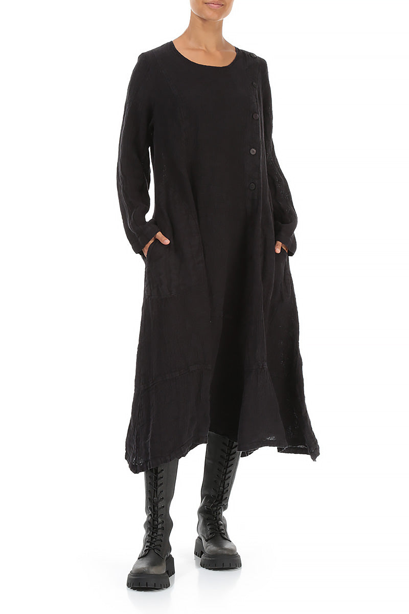 Side Buttons Slate Blue Mélange Linen Dress 4