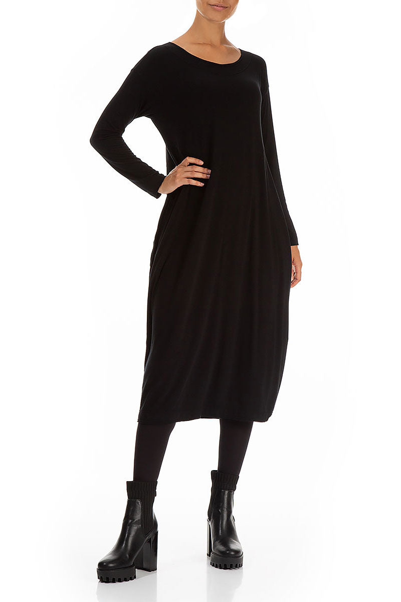 Side Drop Black Cotton Dress