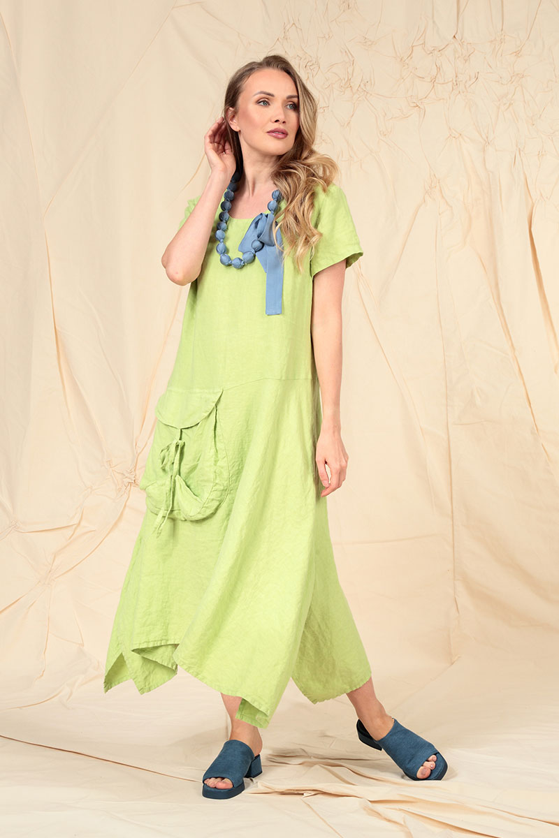 Side Pocket A-Line Lime Linen Dress  grizas.com