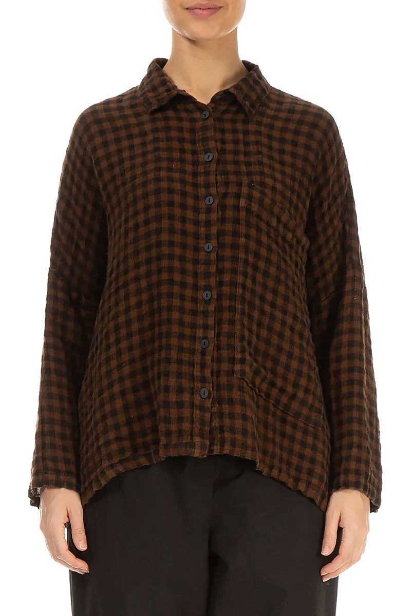 Side Pocket Aged Copper Check Linen Shirt 1