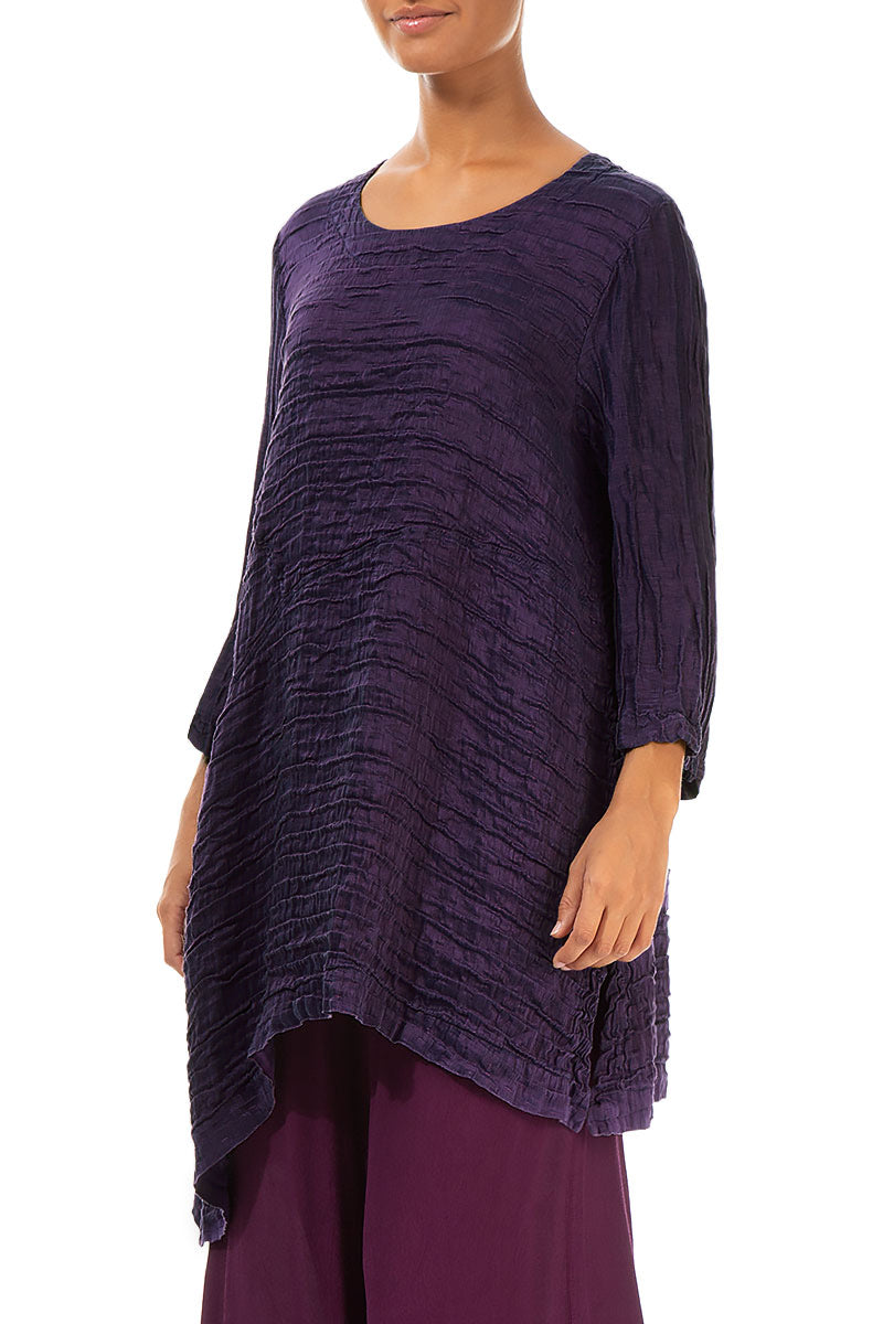 Side Pocket Asymmetric Crinkled Royal Purple Silk Tunic 3