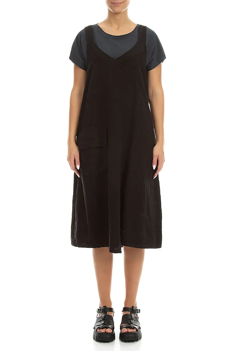 Side Pocket Black Linen Pinafore Dress 1