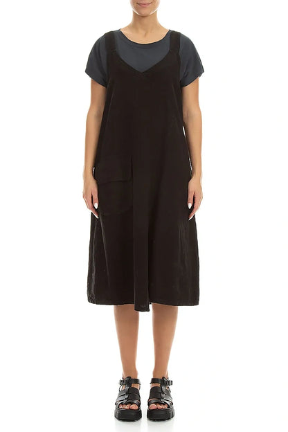 Schwarzes Leinen-Trägerkleid mit Seitentasche