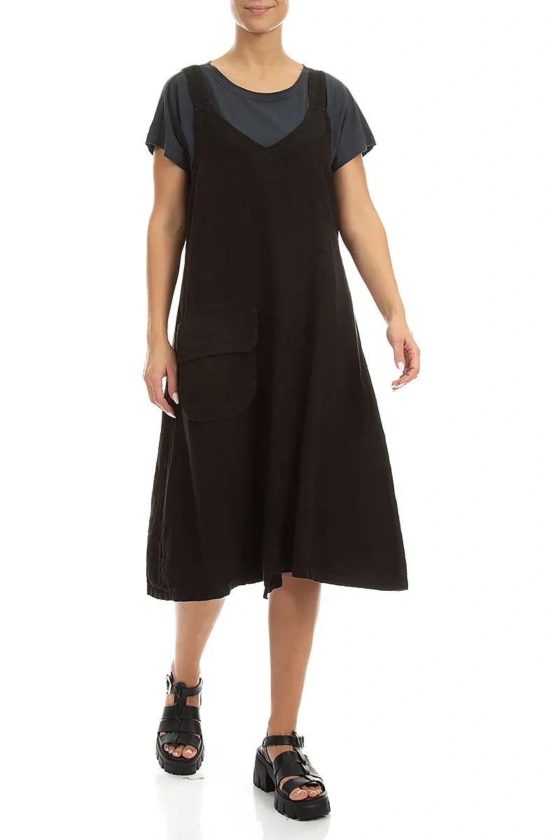 Schwarzes Leinen-Trägerkleid mit Seitentasche