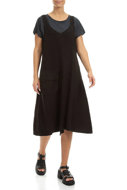 Schwarzes Leinen-Trägerkleid mit Seitentasche