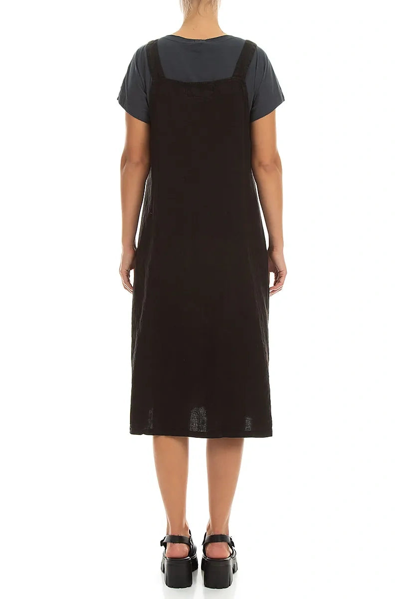 Side Pocket Black Linen Pinafore Dress 2