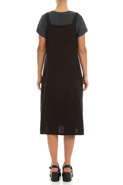 Schwarzes Leinen-Trägerkleid mit Seitentasche