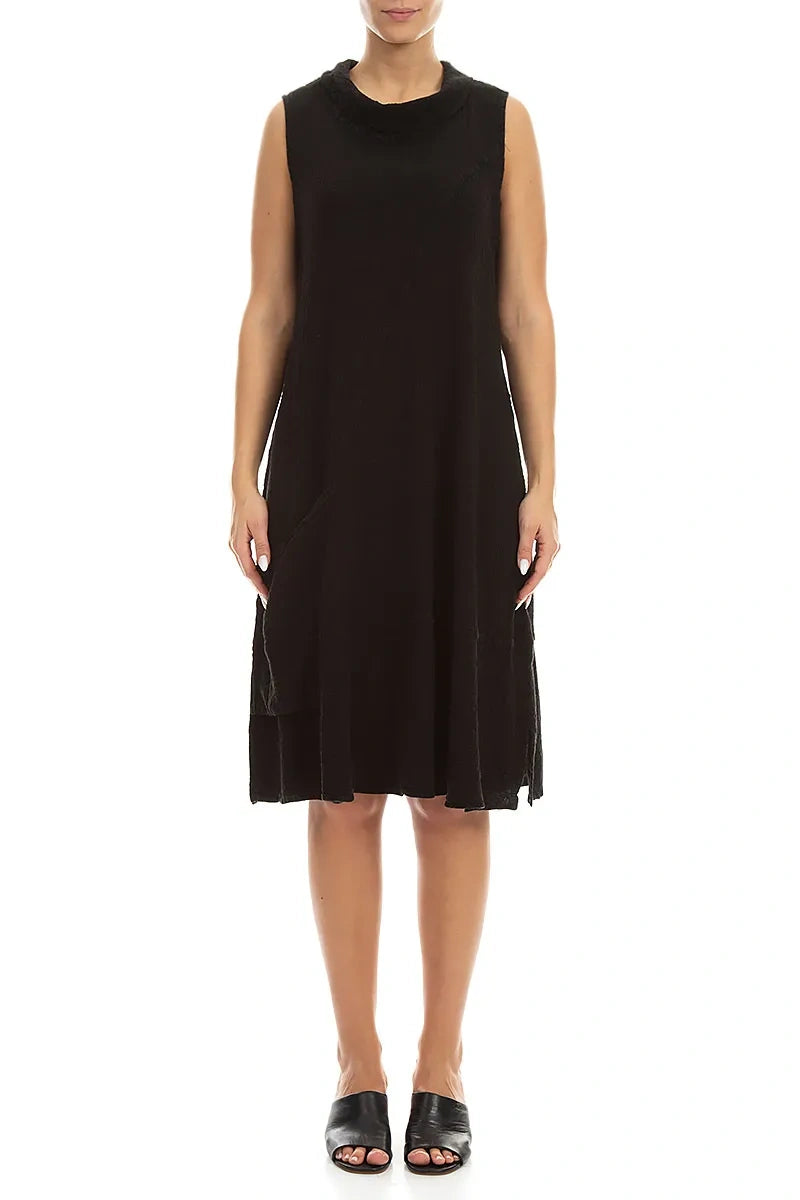 Side Pocket Black Linen Viscose Dress 1