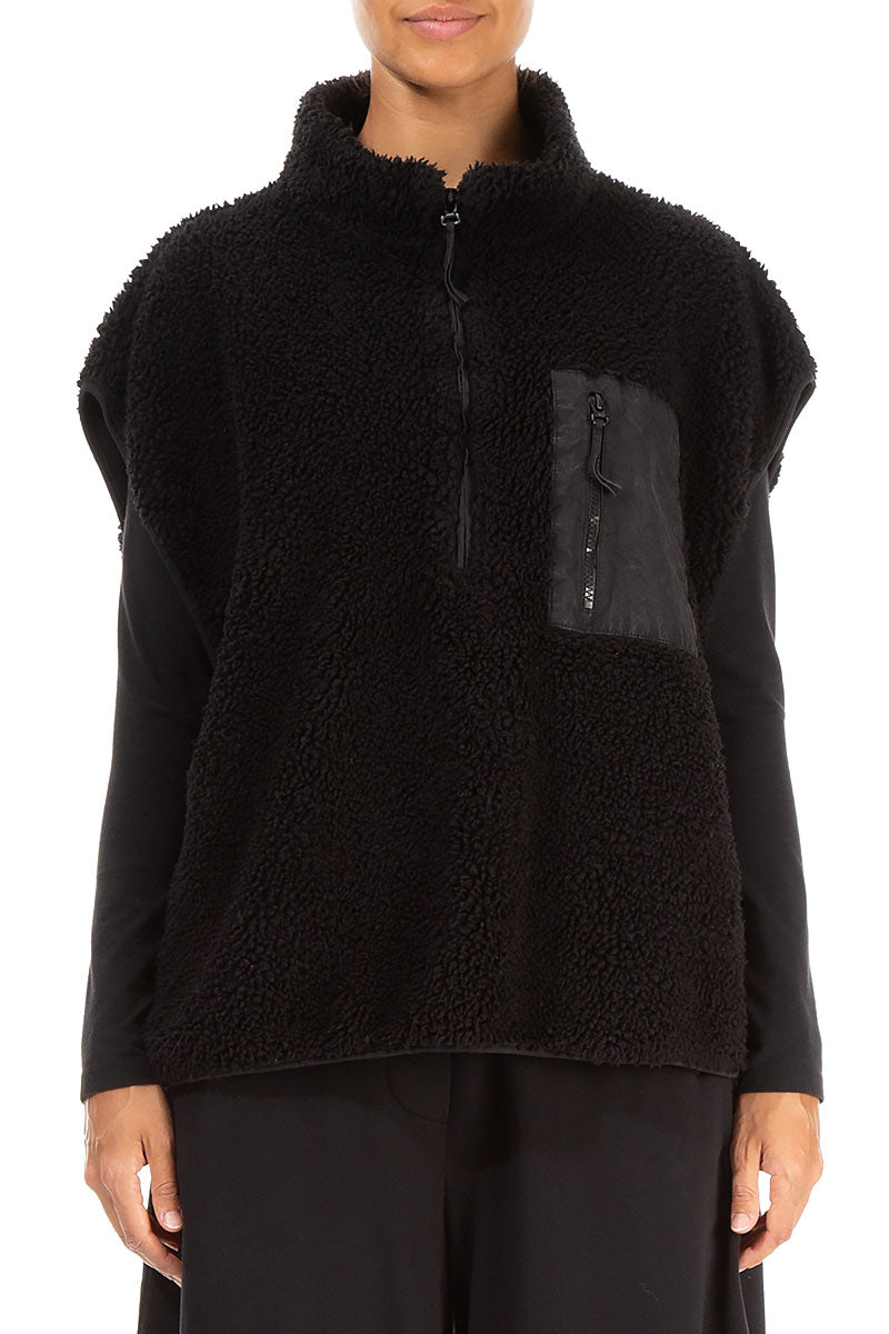 Side Pocket Black Teddy Cotton Vest 1