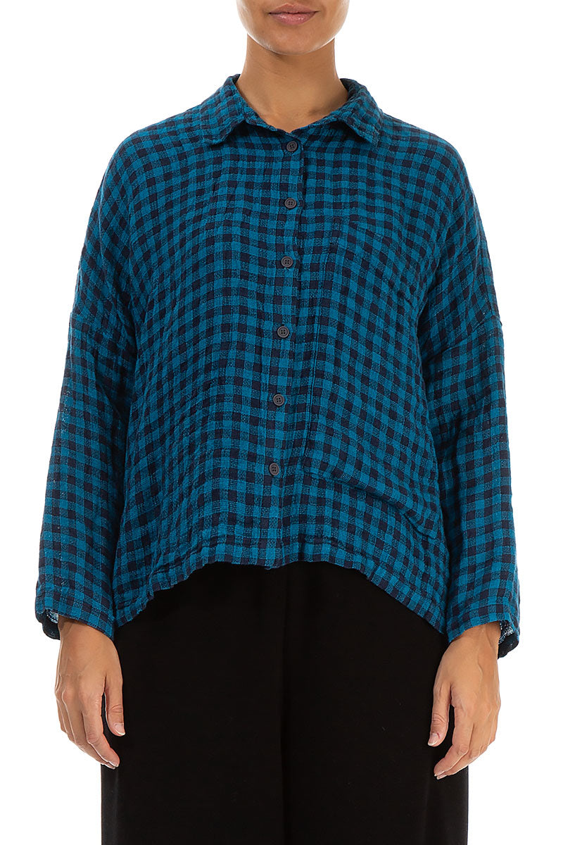 Side Pocket Blue Check Linen Shirt