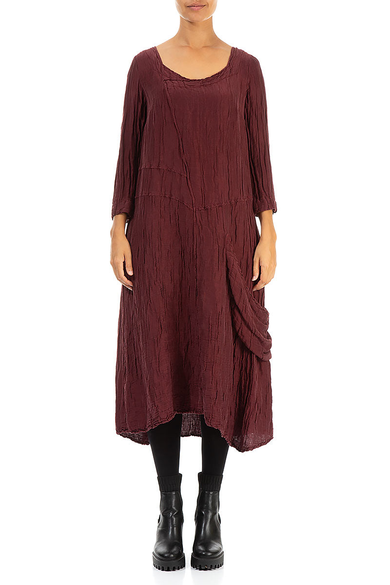 Side Pocket Crinkled Burgundy Silk Linen Dress