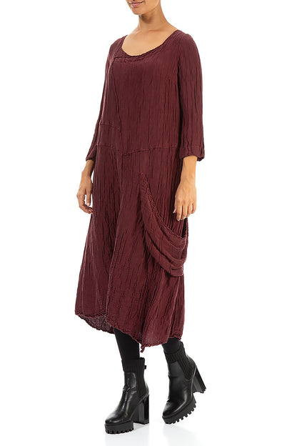 Side Pocket Crinkled Burgundy Silk Linen Dress