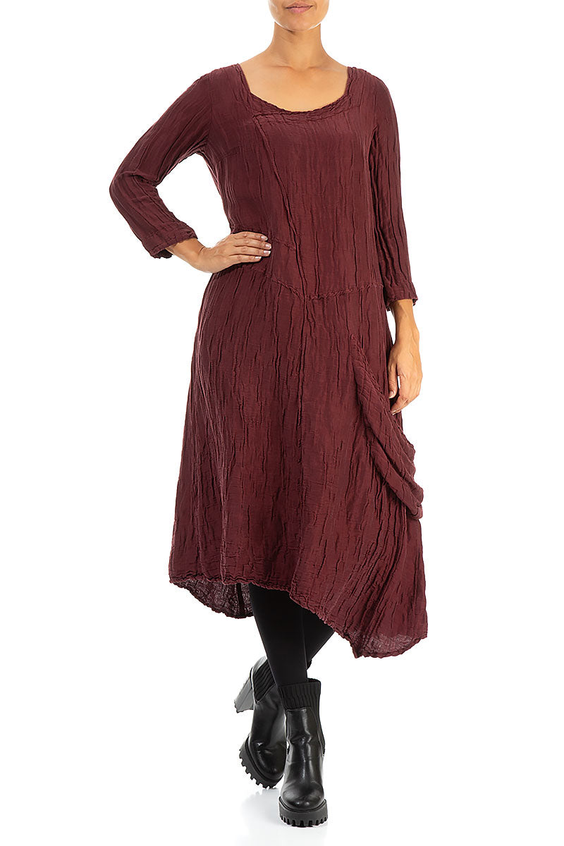 Side Pocket Crinkled Burgundy Silk Linen Dress