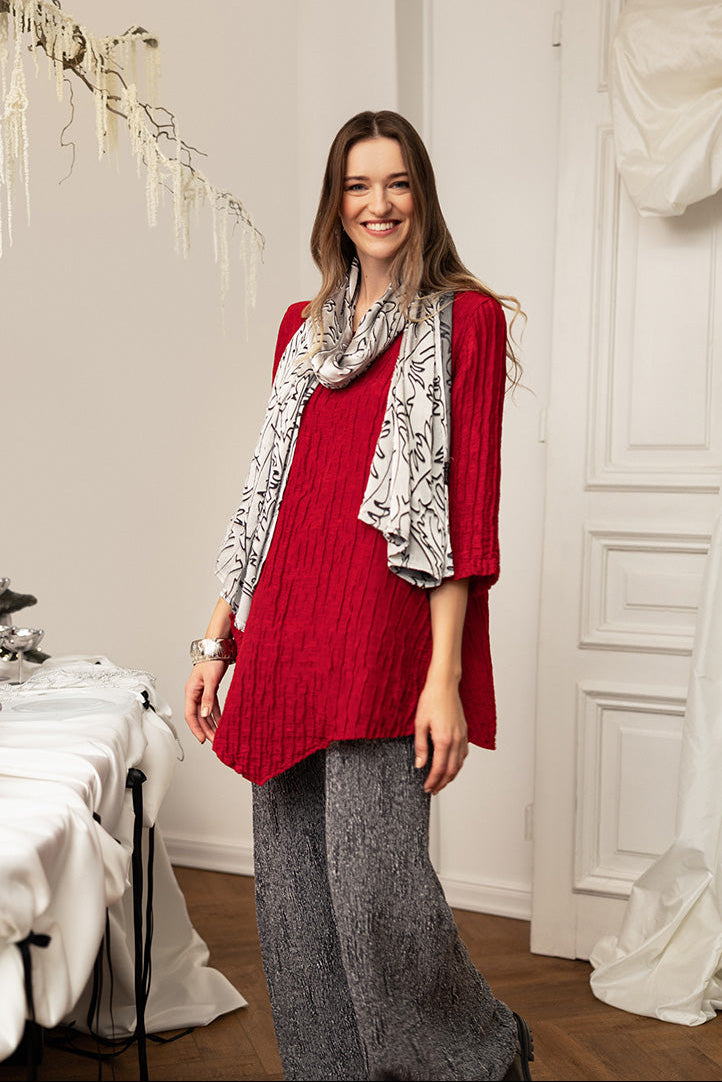 Side Pocket Crinkled Cherry Red Silk Linen Tunic 1