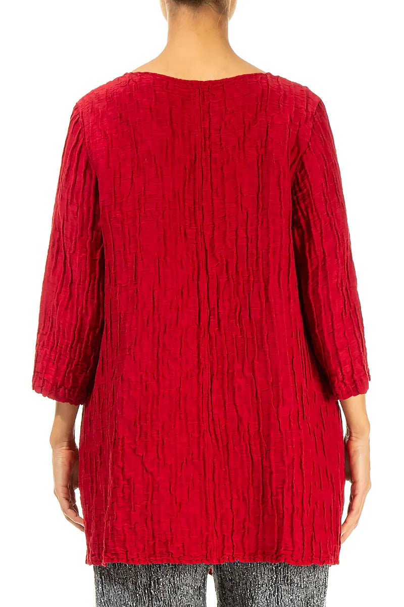 Side Pocket Crinkled Cherry Red Silk Linen Tunic 2