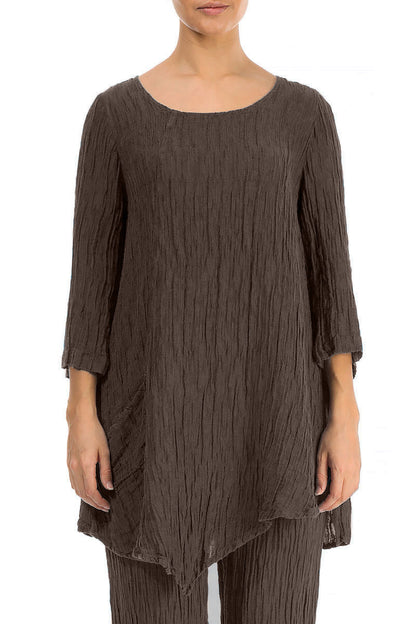 Side Pocket Crinkled Forest Brown Silk Tunic 1