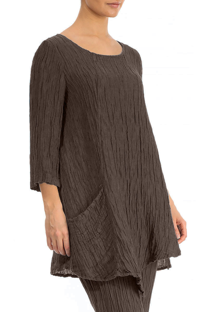 Side Pocket Crinkled Forest Brown Silk Tunic 3