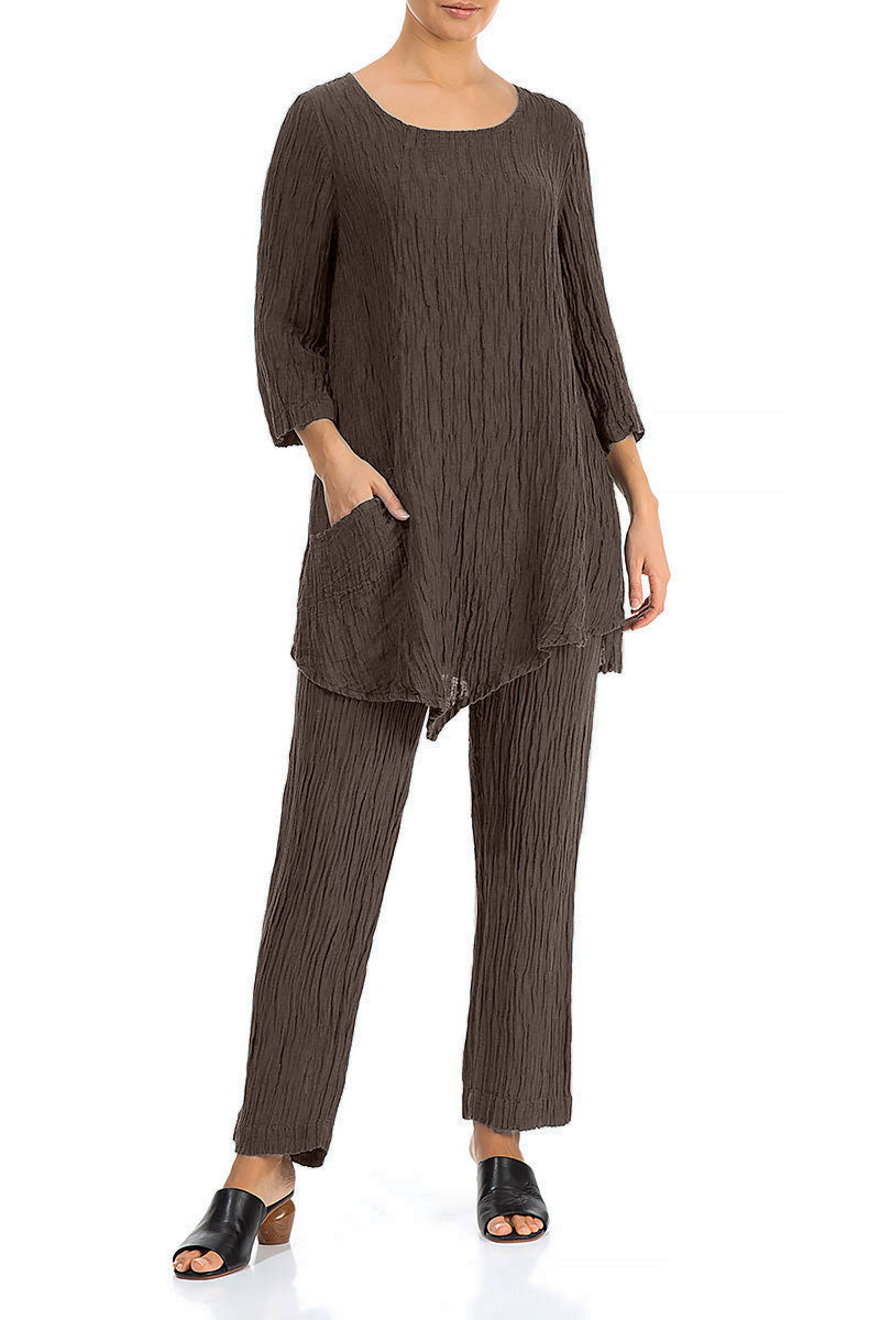 Side Pocket Crinkled Forest Brown Silk Tunic 4