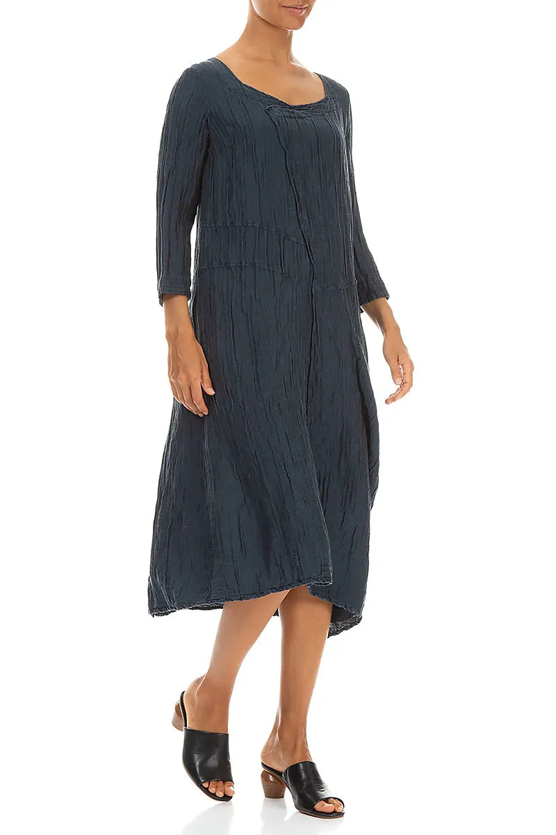 Seidencrêpe-Leinenkleid mit Seitentasche in Mitternachtsblau