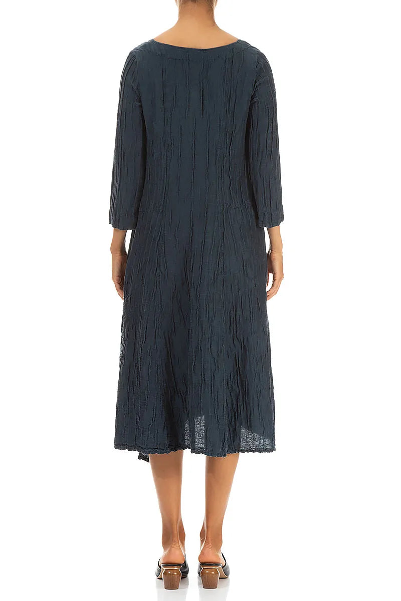 Side Pocket Crinkled Midnight Blue Silk Linen Dress