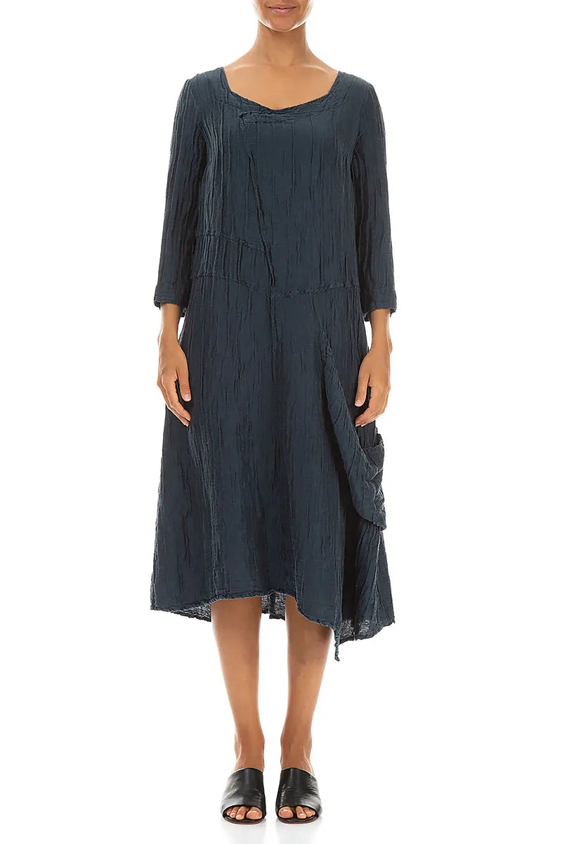 Seidencrêpe-Leinenkleid mit Seitentasche in Mitternachtsblau