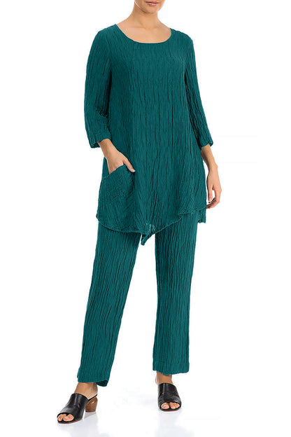 Side Pocket Crinkled Peacock Silk Tunic 4