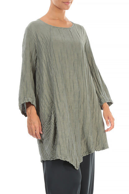 Side Pocket Crinkled Silver Sage Silk Linen Tunic