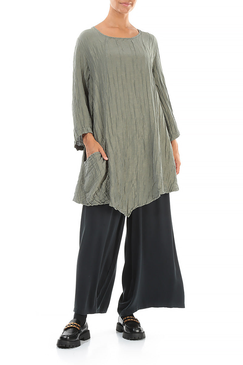 Side Pocket Crinkled Silver Sage Silk Linen Tunic