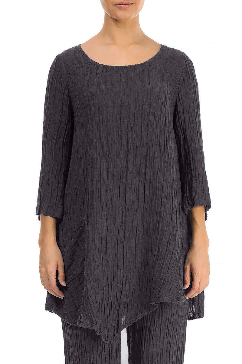 Side Pocket Crinkled Slate Blue Silk Tunic 1