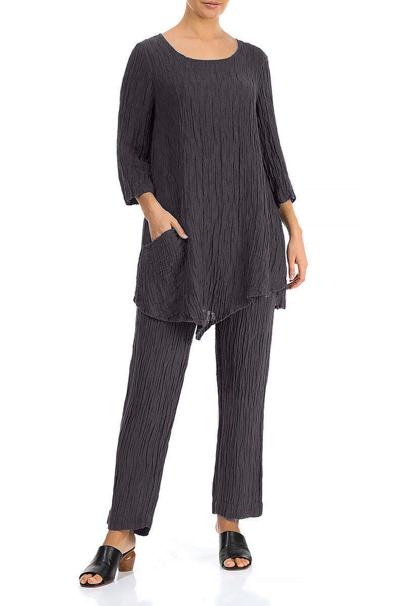 Side Pocket Crinkled Slate Blue Silk Tunic 4