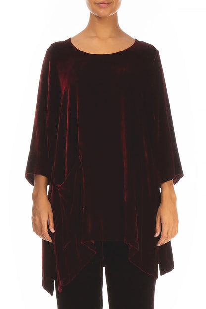 Side Pocket Dark Red Silk Velvet Tunic